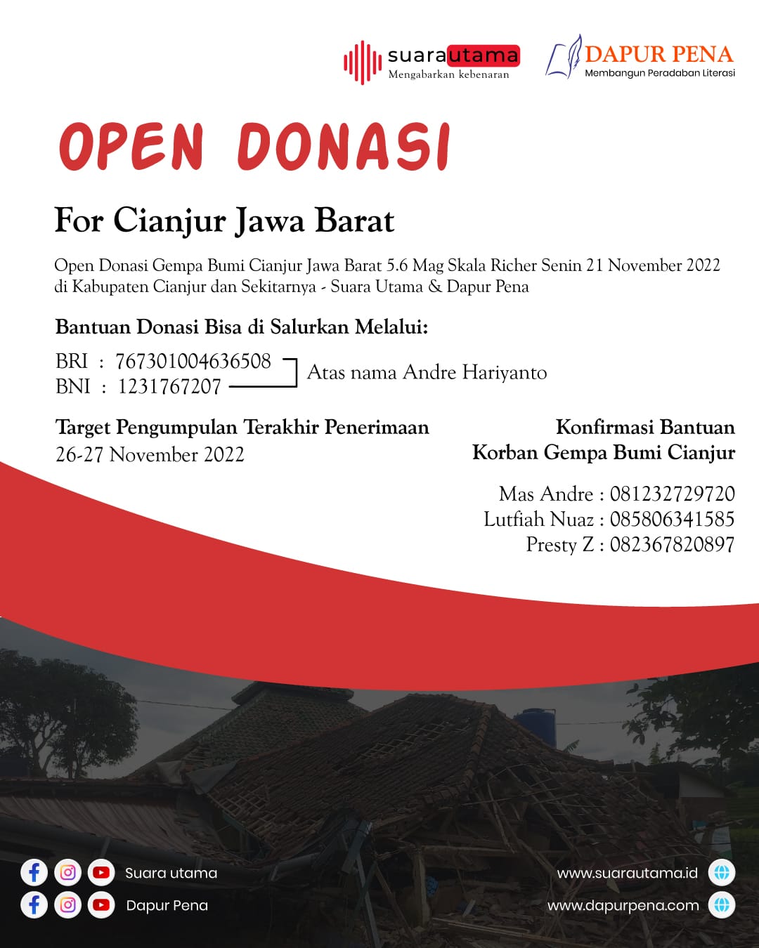 Yayasan Pusat Pembelajaran Nusantara, Lembaga AR Learning Center, Suara Utama dan Dapur Pena Membuka Open Donasi untuk Korban Gempa Bumi Cianjur. Foto/Flyer: Mas Andre/Fikri/Sekar (SUARA UTAMA).