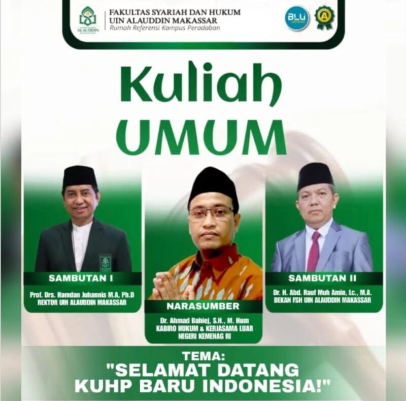 Kuliah Umum FSH UIN Alauddin bersama Kabiro Hukum dan Kerjasama Luar Negeri Kemenag RI Dr.  Ahmad Bahiej,SH.,M.Hum. Dok (Abdi Wijaya.Suara Utama.ID)