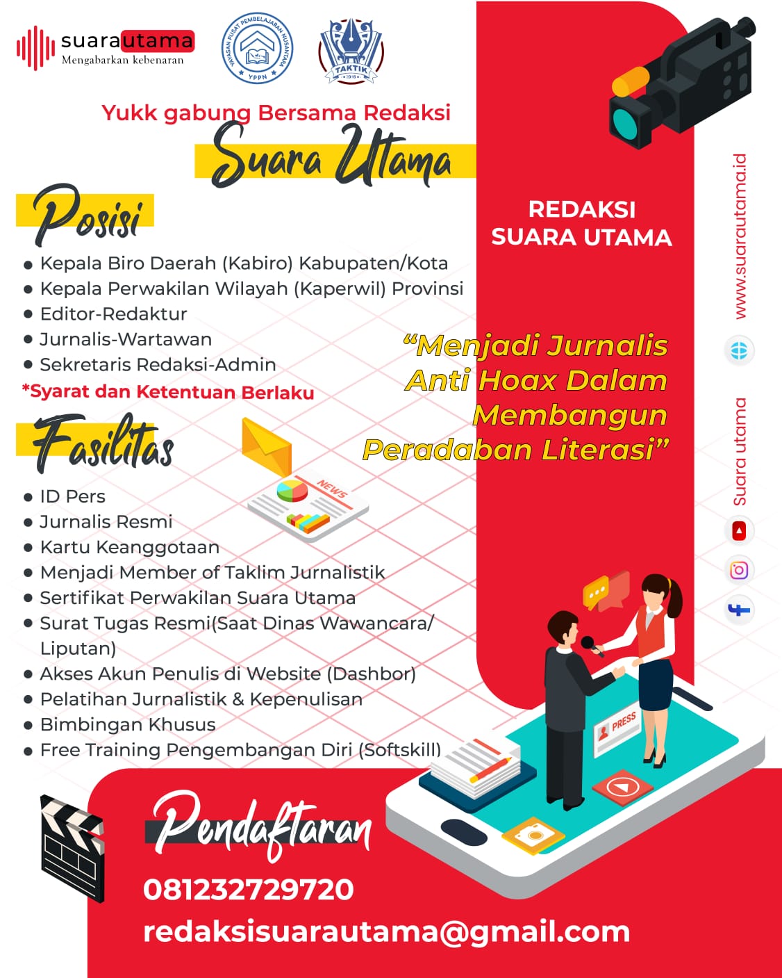 Kesempatan Menjadi Jurnalis dan Penulis Redaksi Suara Utama & Ini Kabar bersama Mas Andre Hariyanto. FOTO: Pamflet Poster RSU & RED-IK (SUARA UTAMA)