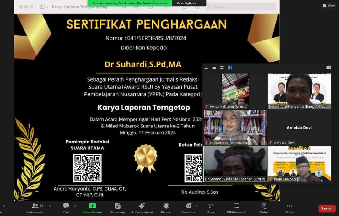 Kantor Redaksi Suara Utama Memberikan Penghargaan Award kepada Jurnalis dan Penulis dalam Memperingati Hari Pers Nasional 2024 atas pengabdiannya. FOTO: Dok. Internal/Mas Andre Hariyanto (SUARA UTAMA)