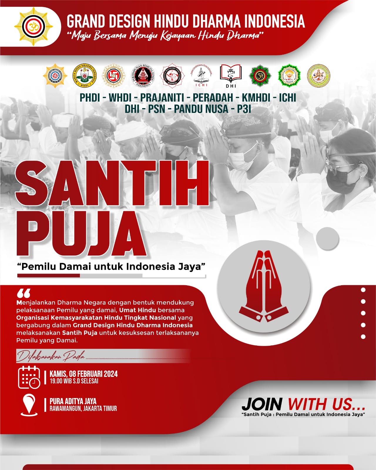 Parisada: Santih Puja Pemilu Damai dilaksanakan serentak di seluruh Indonesia. (08/02/2024) (F: Team Media PHDI Pusat, E: Idewa Adiyadnya/ Redaksi Suara Utama)