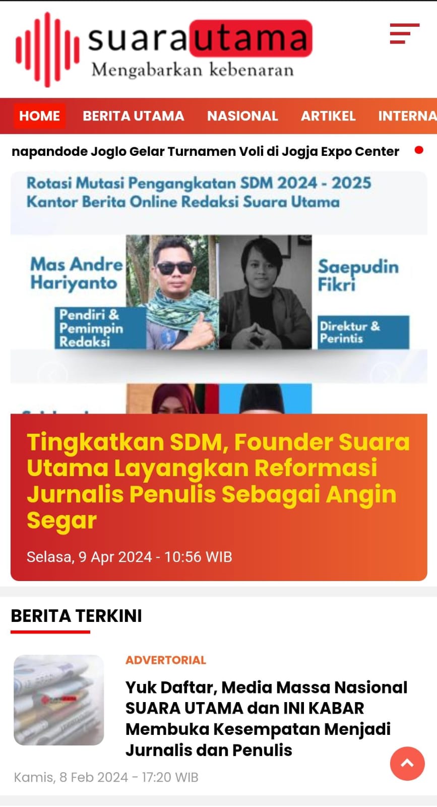 FOTO : Tampilan Baru Website Suara Utama dengan tema lebih professional. (Andre Hariyanto/Suara Utama)