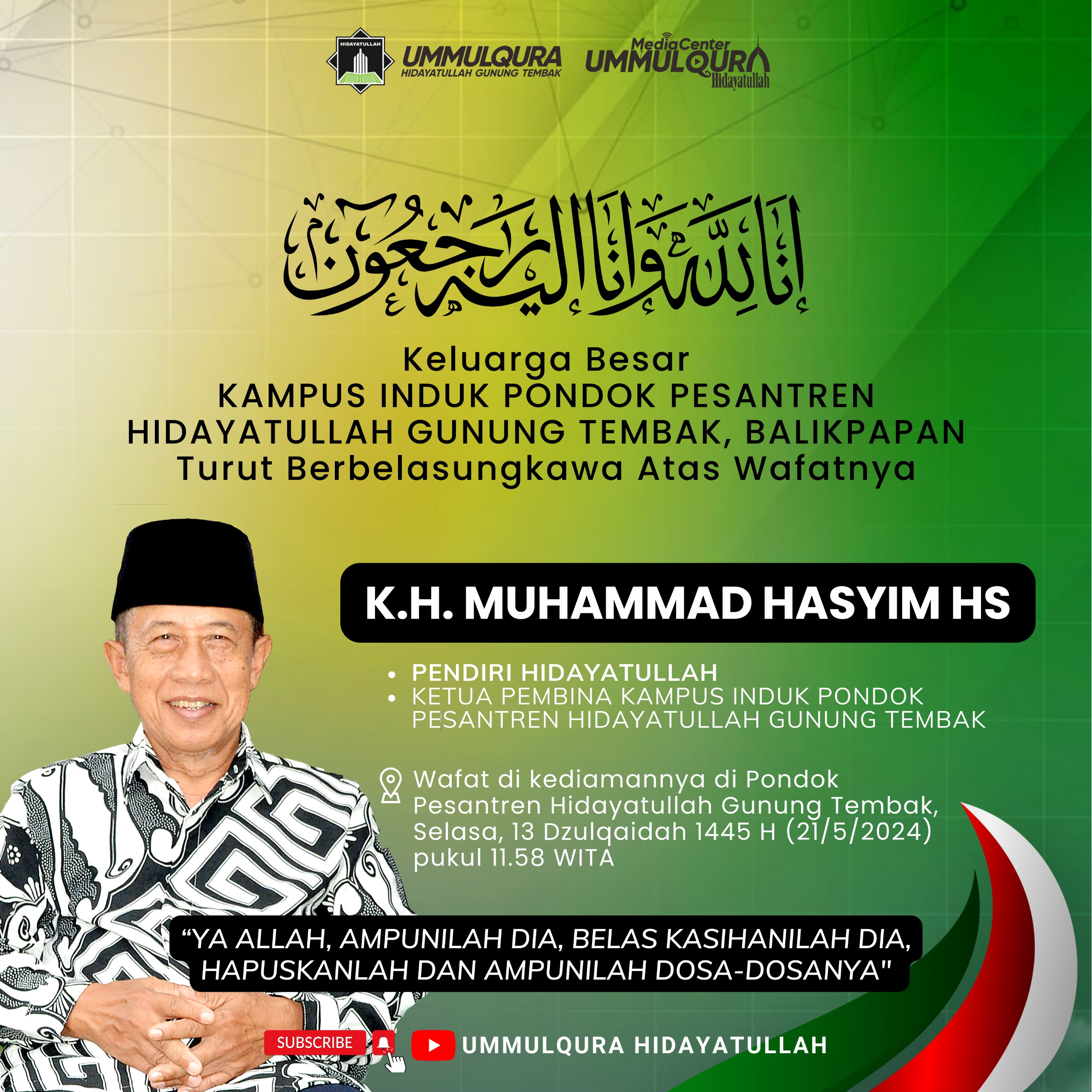 Innalilahi wainnailaihi raji’un!Pendiri Hidayatullah Ustadz Hasyim HS Berpulang ke Rahmatullah. (FOTO/SUMBER : Hidayatullah)