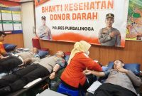 Foto: Polres Purbalingga menggelar bakti kesehatan berupa donor darah. Kegiatan digelar di ruang posko Mapolres Purbalingga, Rabu (7/8/2024)