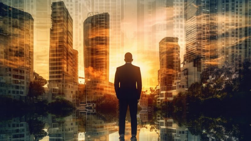 Business man standing back during sunrise overlay with cityscape Illustration Generative AI