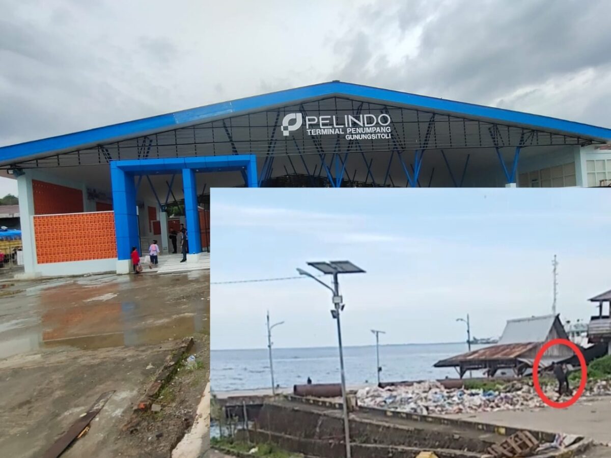 Keterangan : Foto terminal tunggu pelabuhan Gunungsitoli dan foto tumpukan sampah di salah satu lokasi pelabuhan yang dibuang oleh oknum petugas. (Edit foto : penulis)