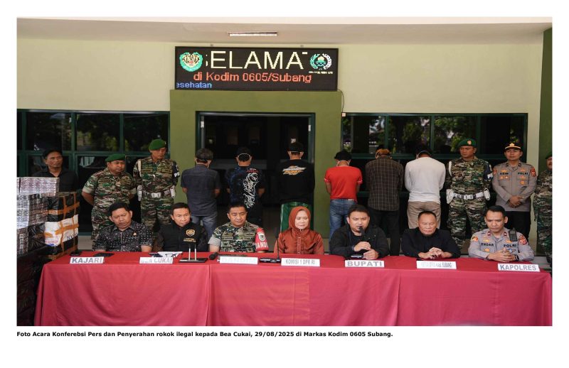 Foto Acara Konferebsi Pers dan Penyerahan rokok ilegal kepada Bea Cukai, 29/08/2025 di Markas Kodim 0605 Subang.

