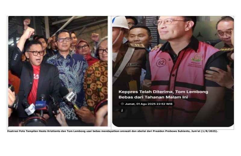 Ilustrasi Foto Tampilan Hasto Kristianto dan Tom Lembong usai bebas mendapatkan amnesti dan abolisi dari Presiden Prabowo Subianto, Jum'at (1/8/2025).