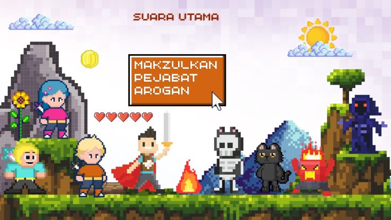 Gambar ini menggambarkan situasi yang menggugah kesadaran akan pentingnya menanggapi sikap pejabat yang arogan dengan tegas. Dengan desain pixel art yang menggambarkan karakter-karakter yang siap melawan ketidakadilan.