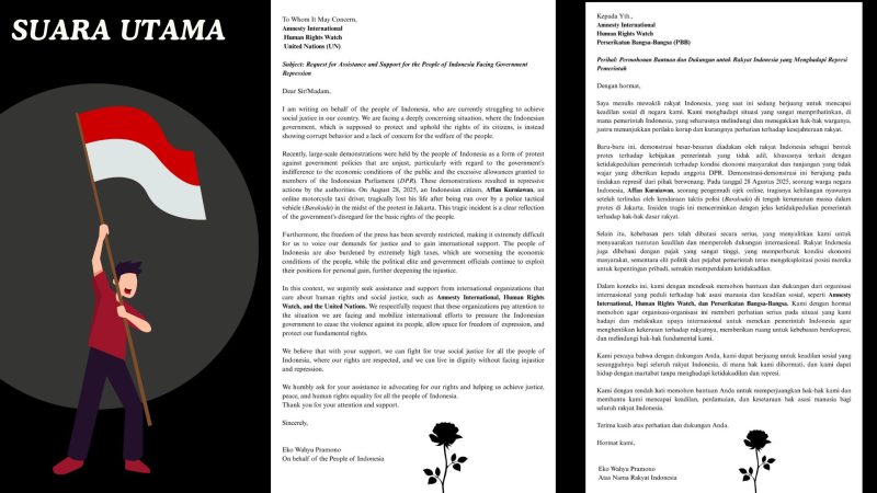 Surat terbuka dari Eko Wahyu Pramono yang ditujukan kepada organisasi internasional seperti Amnesty International, Human Rights Watch, dan Perserikatan Bangsa-Bangsa (PBB)