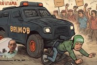 Ilustrasi insiden tragis yang melibatkan kendaraan lapis baja Brimob saat aksi protes. Kendaraan tersebut menabrak seorang pengemudi ojek online di tengah kerumunan massa. Gambar ini menggambarkan momen tegang dengan para pengunjuk rasa mengangkat tangan, menuntut keadilan. Peristiwa yang terjadi pada 28 Agustus 2025 ini memicu kecaman publik terkait penggunaan kekerasan selama demonstrasi.