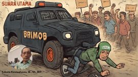 Ilustrasi insiden tragis yang melibatkan kendaraan lapis baja Brimob saat aksi protes. Kendaraan tersebut menabrak seorang pengemudi ojek online di tengah kerumunan massa. Gambar ini menggambarkan momen tegang dengan para pengunjuk rasa mengangkat tangan, menuntut keadilan. Peristiwa yang terjadi pada 28 Agustus 2025 ini memicu kecaman publik terkait penggunaan kekerasan selama demonstrasi.