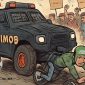 Ilustrasi insiden tragis yang melibatkan kendaraan lapis baja Brimob saat aksi protes. Kendaraan tersebut menabrak seorang pengemudi ojek online di tengah kerumunan massa. Gambar ini menggambarkan momen tegang dengan para pengunjuk rasa mengangkat tangan, menuntut keadilan. Peristiwa yang terjadi pada 28 Agustus 2025 ini memicu kecaman publik terkait penggunaan kekerasan selama demonstrasi.
