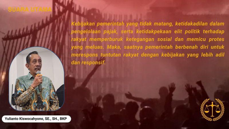 Yulianto Kiswocahyono menyoroti ketidakmatangan kebijakan pemerintah dalam pengelolaan pajak dan ketidakpekaan elit politik, yang memperburuk ketegangan sosial. Ia menekankan pentingnya respons kebijakan yang lebih adil dan responsif terhadap tuntutan rakyat.