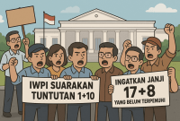 Ilustrasi kartun Aksi damai IWPI di depan Istana, menyuarakan Tuntutan 1+10 dan mengingatkan Janji 17+8 demi keadilan dan transparansi perpajakan.