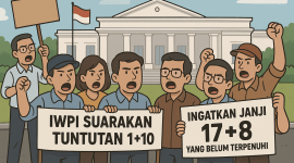 Ilustrasi kartun Aksi damai IWPI di depan Istana, menyuarakan Tuntutan 1+10 dan mengingatkan Janji 17+8 demi keadilan dan transparansi perpajakan.
