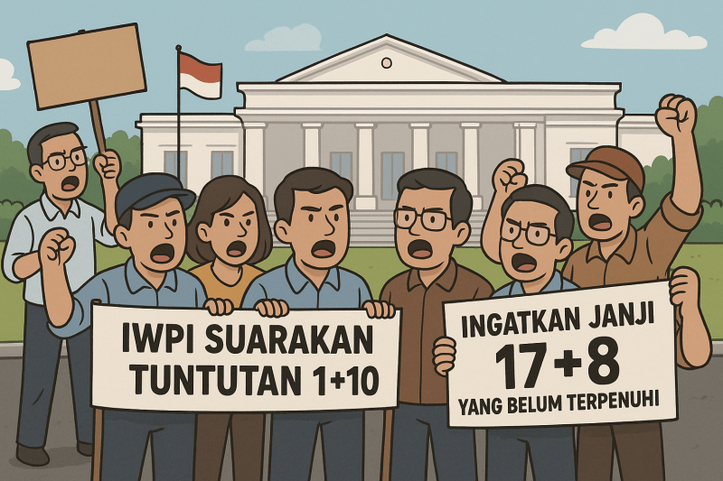 Ilustrasi kartun Aksi damai IWPI di depan Istana, menyuarakan Tuntutan 1+10 dan mengingatkan Janji 17+8 demi keadilan dan transparansi perpajakan.