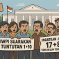 Ilustrasi kartun Aksi damai IWPI di depan Istana, menyuarakan Tuntutan 1+10 dan mengingatkan Janji 17+8 demi keadilan dan transparansi perpajakan.