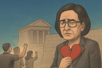 Ilustrasi politik menggambarkan Menteri Keuangan Sri Mulyani dengan ekspresi penuh kesedihan, memegang hati merah yang hancur. Di latar belakang, tampak gedung Pengadilan Pajak yang kokoh dan sekelompok pengunjuk rasa yang mengangkat tangan sebagai simbol ketidakpuasan terhadap sistem perpajakan di Indonesia. Ilustrasi ini mencerminkan ketegangan dan kekecewaan masyarakat terhadap ketidakadilan fiskal yang terus berkembang.