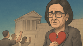 Ilustrasi politik menggambarkan Menteri Keuangan Sri Mulyani dengan ekspresi penuh kesedihan, memegang hati merah yang hancur. Di latar belakang, tampak gedung Pengadilan Pajak yang kokoh dan sekelompok pengunjuk rasa yang mengangkat tangan sebagai simbol ketidakpuasan terhadap sistem perpajakan di Indonesia. Ilustrasi ini mencerminkan ketegangan dan kekecewaan masyarakat terhadap ketidakadilan fiskal yang terus berkembang.