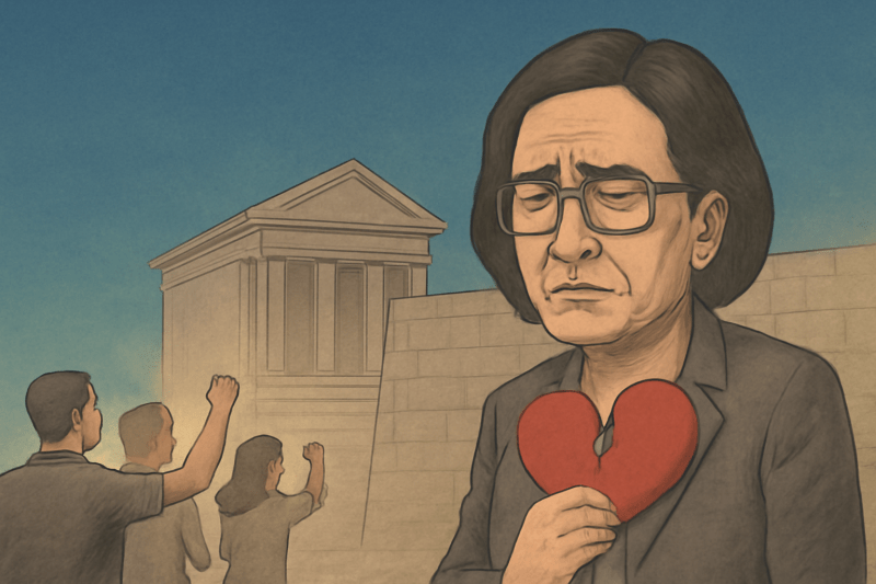 Ilustrasi politik menggambarkan Menteri Keuangan Sri Mulyani dengan ekspresi penuh kesedihan, memegang hati merah yang hancur. Di latar belakang, tampak gedung Pengadilan Pajak yang kokoh dan sekelompok pengunjuk rasa yang mengangkat tangan sebagai simbol ketidakpuasan terhadap sistem perpajakan di Indonesia. Ilustrasi ini mencerminkan ketegangan dan kekecewaan masyarakat terhadap ketidakadilan fiskal yang terus berkembang.