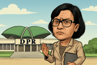Karikatur ini menggambarkan Menteri Keuangan Sri Mulyani dengan ekspresi serius di depan Gedung DPR, mencerminkan perannya dalam kebijakan fiskal yang sering menjadi sorotan publik.