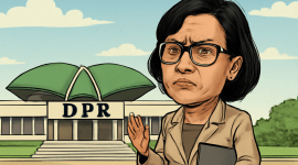 Karikatur ini menggambarkan Menteri Keuangan Sri Mulyani dengan ekspresi serius di depan Gedung DPR, mencerminkan perannya dalam kebijakan fiskal yang sering menjadi sorotan publik.