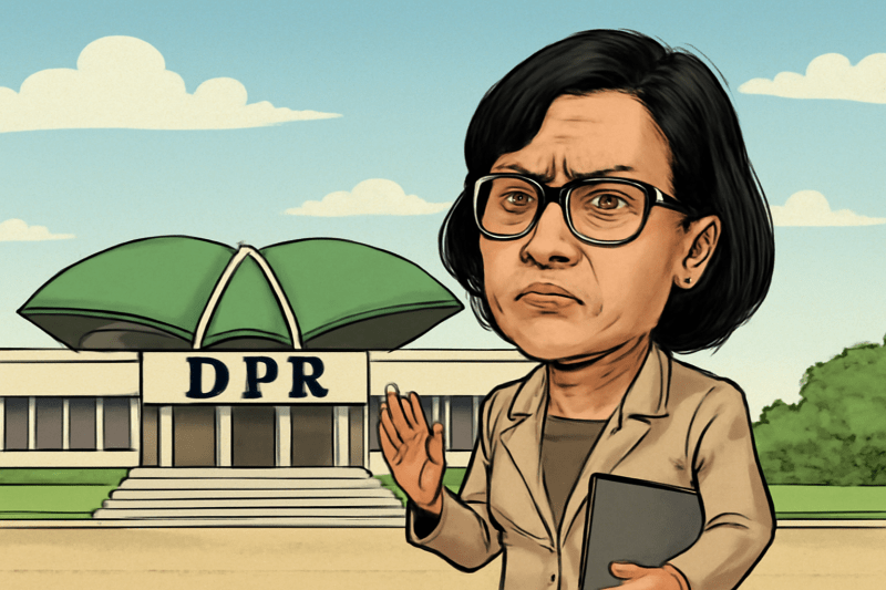 Karikatur ini menggambarkan Menteri Keuangan Sri Mulyani dengan ekspresi serius di depan Gedung DPR, mencerminkan perannya dalam kebijakan fiskal yang sering menjadi sorotan publik.