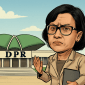 Karikatur ini menggambarkan Menteri Keuangan Sri Mulyani dengan ekspresi serius di depan Gedung DPR, mencerminkan perannya dalam kebijakan fiskal yang sering menjadi sorotan publik.
