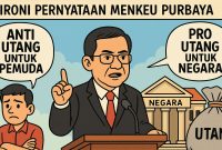 Ilustrasi ironi pernyataan Menkeu Purbaya: anti utang untuk pemuda, pro utang untuk negara.