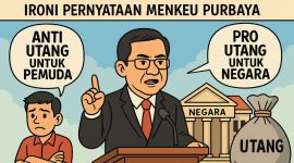 Ilustrasi ironi pernyataan Menkeu Purbaya: anti utang untuk pemuda, pro utang untuk negara.