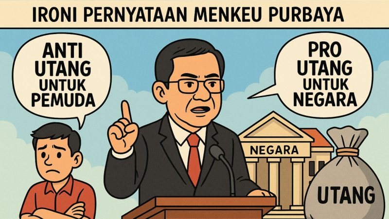 Ilustrasi ironi pernyataan Menkeu Purbaya: anti utang untuk pemuda, pro utang untuk negara.