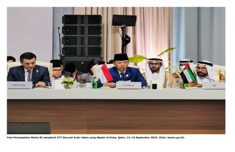 Foto Penampakan Menlu RI mengikuti KTT Darurat Arab–Islam yang digelar di Doha, Qatar, 14–15 September 2025. (Foto- kemlu.go.id).