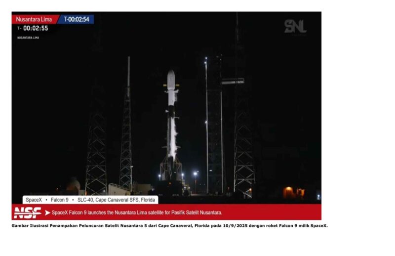 Gambar Ilustrasi Penampakan Peluncuran Satelit Nusantara 5 dari Cape Canaveral, Florida pada 10/9/2025 dengan roket Falcon 9 milik SpaceX. 