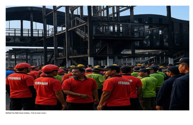 Ilustrasi Foto Halte Senen terbakar.  ( Foto by tonny rivani ).