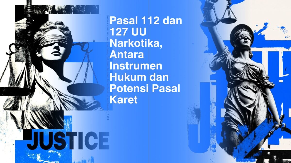 Ilustrasi penegakan hukum narkotika di Indonesia, fokus pada Pasal 112 dan 127 UU Narkotika.