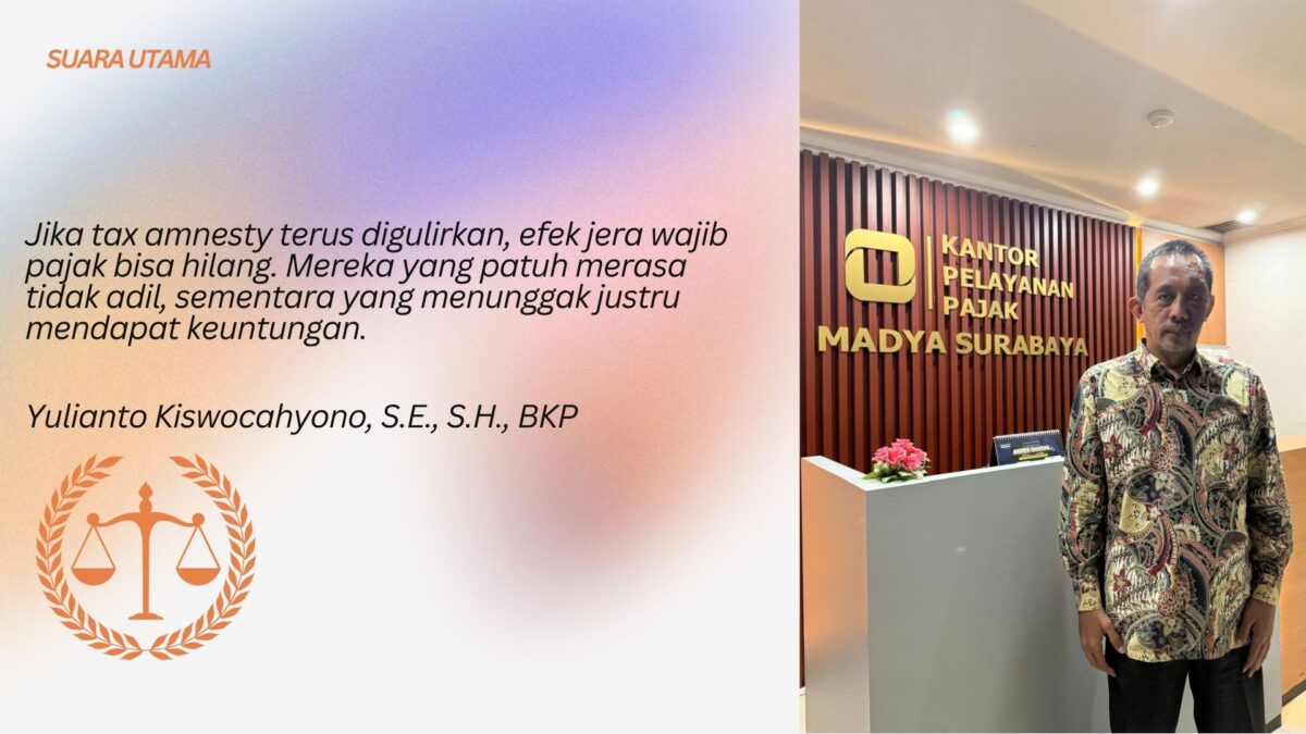 Yulianto Kiswocahyono, S.E., S.H., BKP, konsultan pajak senior sekaligus pengurus KADIN Jawa Timur, saat memberikan pernyataan terkait penolakan wacana Tax Amnesty Jilid III di Surabaya. Ia menegaskan bahwa pengampunan pajak berulang justru menghilangkan efek jera dan merugikan wajib pajak yang sudah patuh.