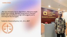 Yulianto Kiswocahyono, S.E., S.H., BKP, konsultan pajak senior sekaligus pengurus KADIN Jawa Timur, saat memberikan pernyataan terkait penolakan wacana Tax Amnesty Jilid III di Surabaya. Ia menegaskan bahwa pengampunan pajak berulang justru menghilangkan efek jera dan merugikan wajib pajak yang sudah patuh.