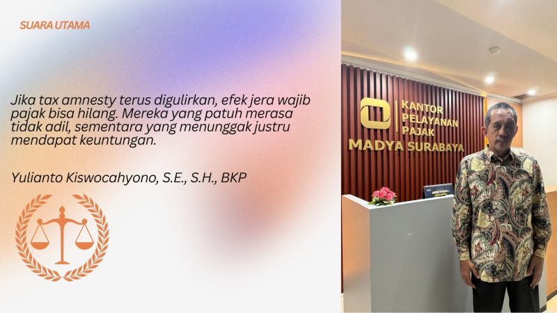 Yulianto Kiswocahyono, S.E., S.H., BKP, konsultan pajak senior sekaligus pengurus KADIN Jawa Timur, saat memberikan pernyataan terkait penolakan wacana Tax Amnesty Jilid III di Surabaya. Ia menegaskan bahwa pengampunan pajak berulang justru menghilangkan efek jera dan merugikan wajib pajak yang sudah patuh.