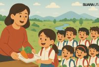 Ilustrasi Program Makan Bergizi Gratis (MBG) – Seorang guru membagikan makanan bergizi kepada para siswa sekolah dasar. Program ini bertujuan memberikan asupan gizi seimbang bagi anak-anak di sekolah, namun kini tengah menjadi sorotan publik karena maraknya kasus keracunan massal di berbagai daerah. (SUARA UTAMA/Ilustrasi)