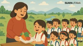 Ilustrasi Program Makan Bergizi Gratis (MBG) – Seorang guru membagikan makanan bergizi kepada para siswa sekolah dasar. Program ini bertujuan memberikan asupan gizi seimbang bagi anak-anak di sekolah, namun kini tengah menjadi sorotan publik karena maraknya kasus keracunan massal di berbagai daerah. (SUARA UTAMA/Ilustrasi)