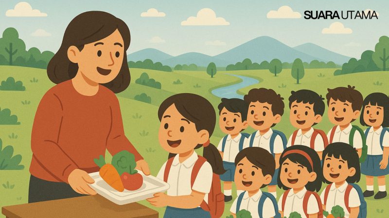 Ilustrasi Program Makan Bergizi Gratis (MBG) – Seorang guru membagikan makanan bergizi kepada para siswa sekolah dasar. Program ini bertujuan memberikan asupan gizi seimbang bagi anak-anak di sekolah, namun kini tengah menjadi sorotan publik karena maraknya kasus keracunan massal di berbagai daerah. (SUARA UTAMA/Ilustrasi)