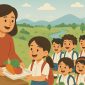 Ilustrasi Program Makan Bergizi Gratis (MBG) – Seorang guru membagikan makanan bergizi kepada para siswa sekolah dasar. Program ini bertujuan memberikan asupan gizi seimbang bagi anak-anak di sekolah, namun kini tengah menjadi sorotan publik karena maraknya kasus keracunan massal di berbagai daerah. (SUARA UTAMA/Ilustrasi)