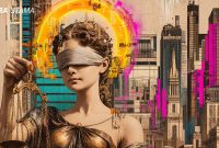 Ilustrasi Lady Justice dengan mata tertutup dan timbangan keadilan, melambangkan imparsialitas hukum di tengah intervensi politik dan modernitas.