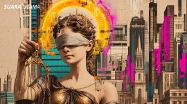 Ilustrasi Lady Justice dengan mata tertutup dan timbangan keadilan, melambangkan imparsialitas hukum di tengah intervensi politik dan modernitas.