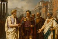 Ilustrasi klasik pertemuan filsuf dan negarawan Romawi, simbol lahirnya filsafat hukum dan yurisprudensi.