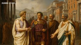 Ilustrasi klasik pertemuan filsuf dan negarawan Romawi, simbol lahirnya filsafat hukum dan yurisprudensi.