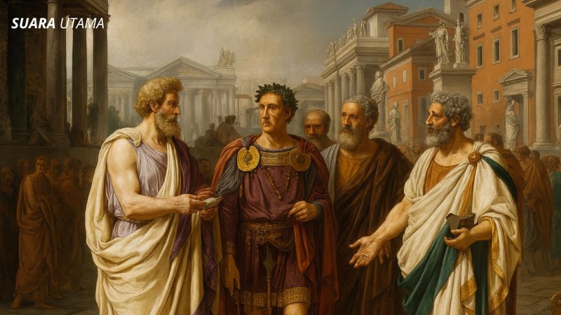 Ilustrasi klasik pertemuan filsuf dan negarawan Romawi, simbol lahirnya filsafat hukum dan yurisprudensi.