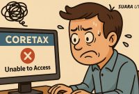 Ilustrasi kartun pengguna frustrasi karena aplikasi Coretax menampilkan pesan “Unable to Access”, menggambarkan sulitnya akses sistem pajak digital.
