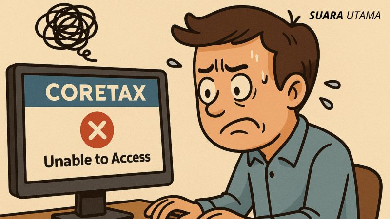 Ilustrasi kartun pengguna frustrasi karena aplikasi Coretax menampilkan pesan “Unable to Access”, menggambarkan sulitnya akses sistem pajak digital.